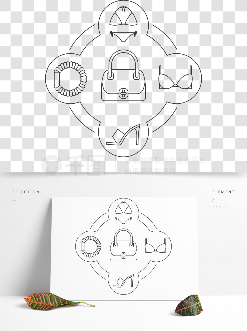 婦女的配件內容線性圖標集內衣,文胸,束發,手提包,高跟鞋孤立的矢量插圖婦女的配件內容線性圖標集