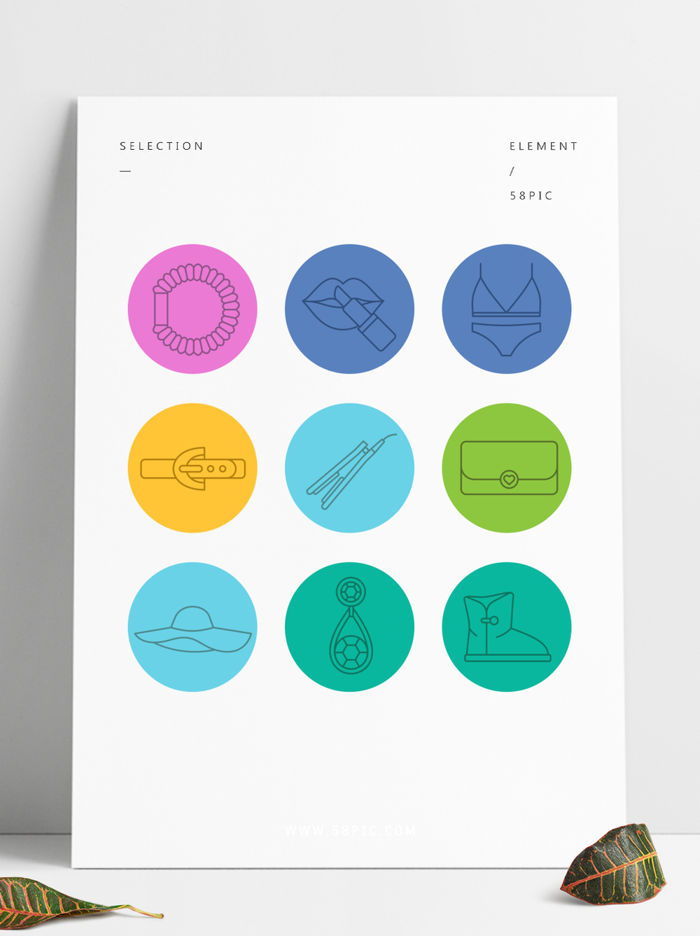 婦女的配件線性圖標設置內(nèi)衣直發(fā)器和發(fā)箍手拿包耳環(huán)皮帶靴子帽子口紅色環(huán)上的細線輪廓符號矢量插圖婦女的配件線性圖標集